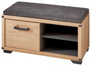 Garderobenbank aus Holz mit grauem Sitzpolster, einer Schublade und zwei offenen Fächern, seitliche Perspektive
