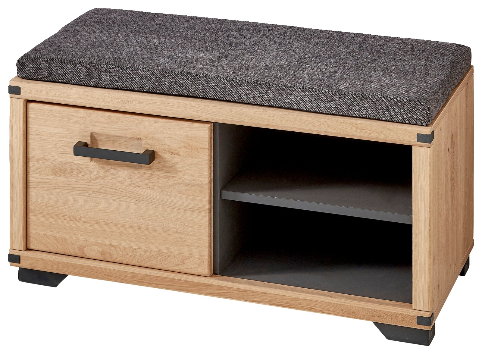 Garderobenbank aus Holz mit grauem Sitzpolster, einer Schublade und zwei offenen Fächern, seitliche Perspektive