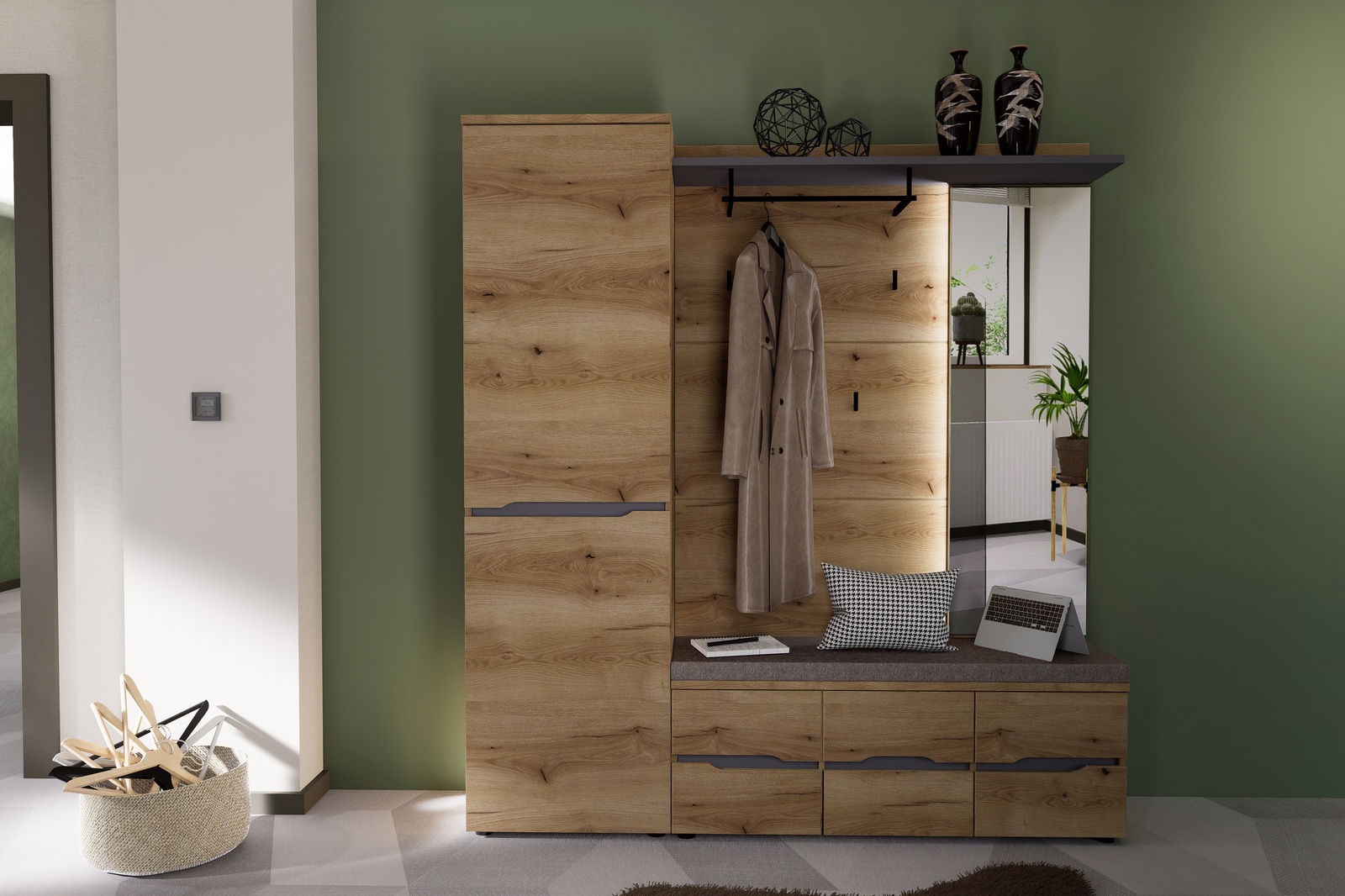 XORA XL-Garderobenpaneel FARGO Garderoben-Set in Holzoptik mit Spiegel, Kleiderhaken und Sitzbank, seitliche Perspektive