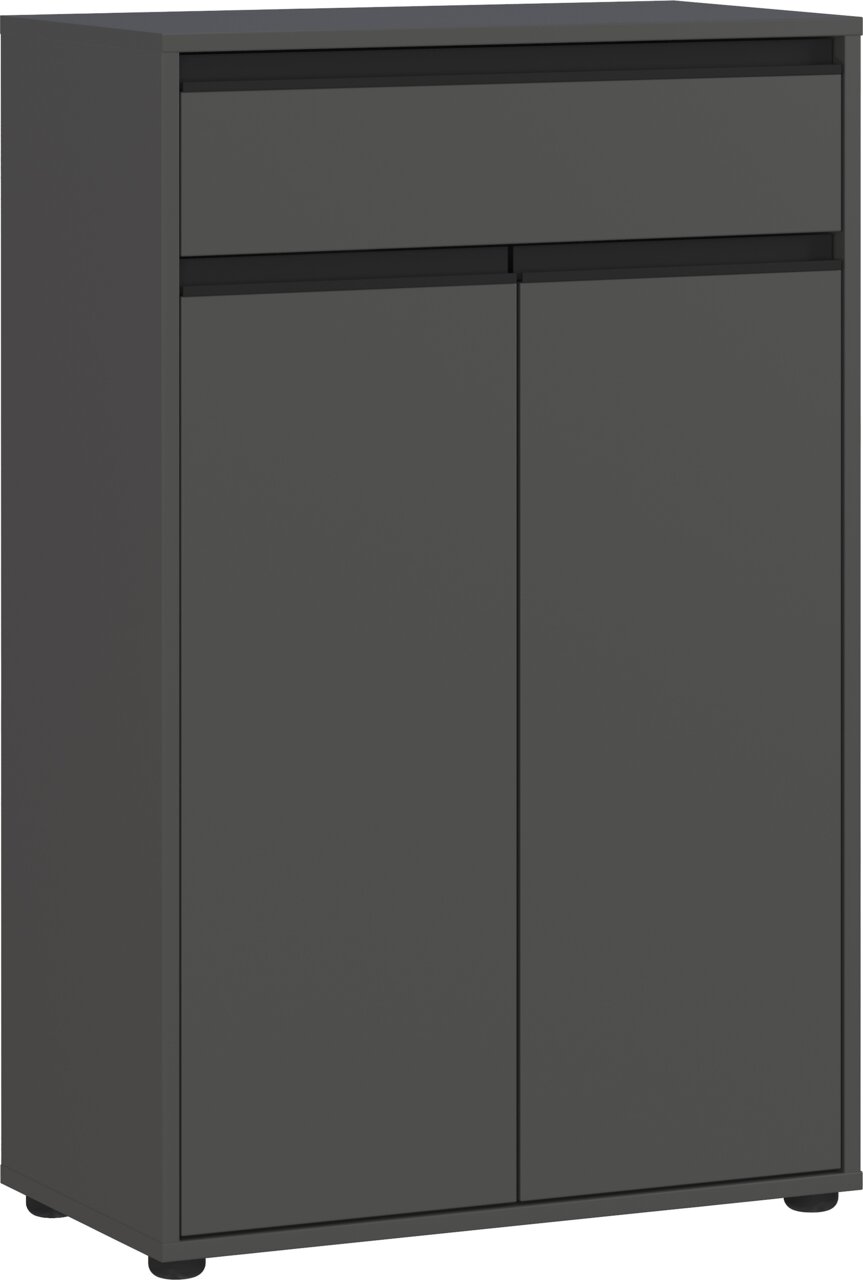 Moderne, dunkelgraue Kommode mit einer Schublade und zwei Türen, seitliche Perspektive