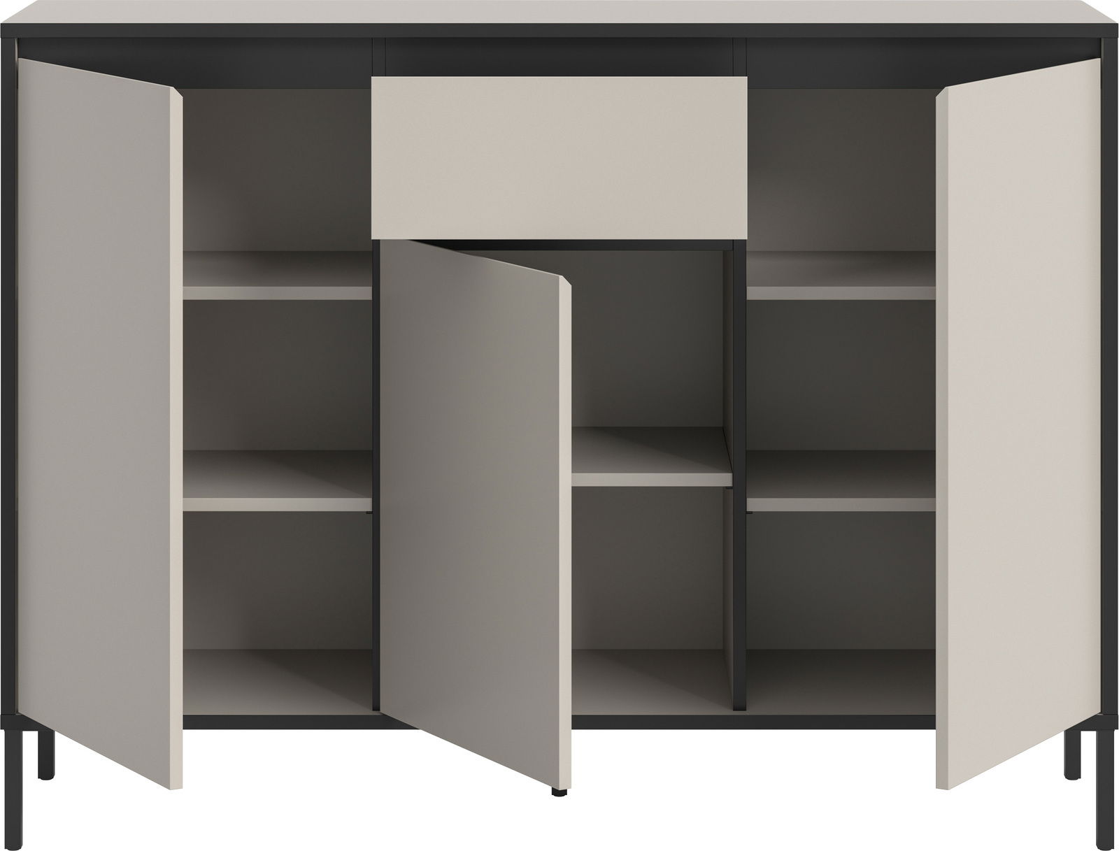 Kommode mit geöffneten Türen und Schublade, Frontansicht