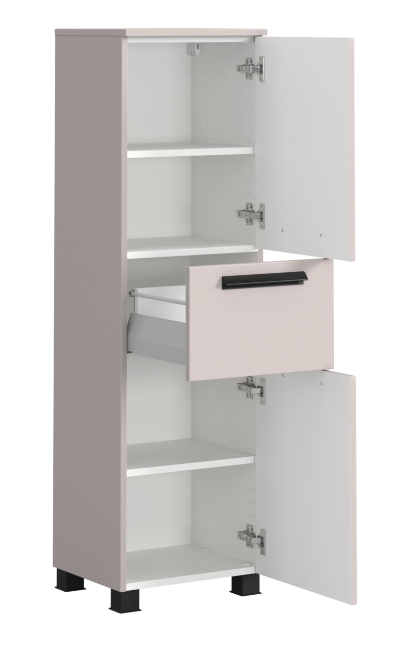 Midischrank mit geöffneter Tür und Schublade, seitliche Perspektive