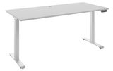 Moderner weißer E-Schreibtisch mit rechteckiger Tischplatte und höhenverstellbaren Beinen, seitliche Perspektive