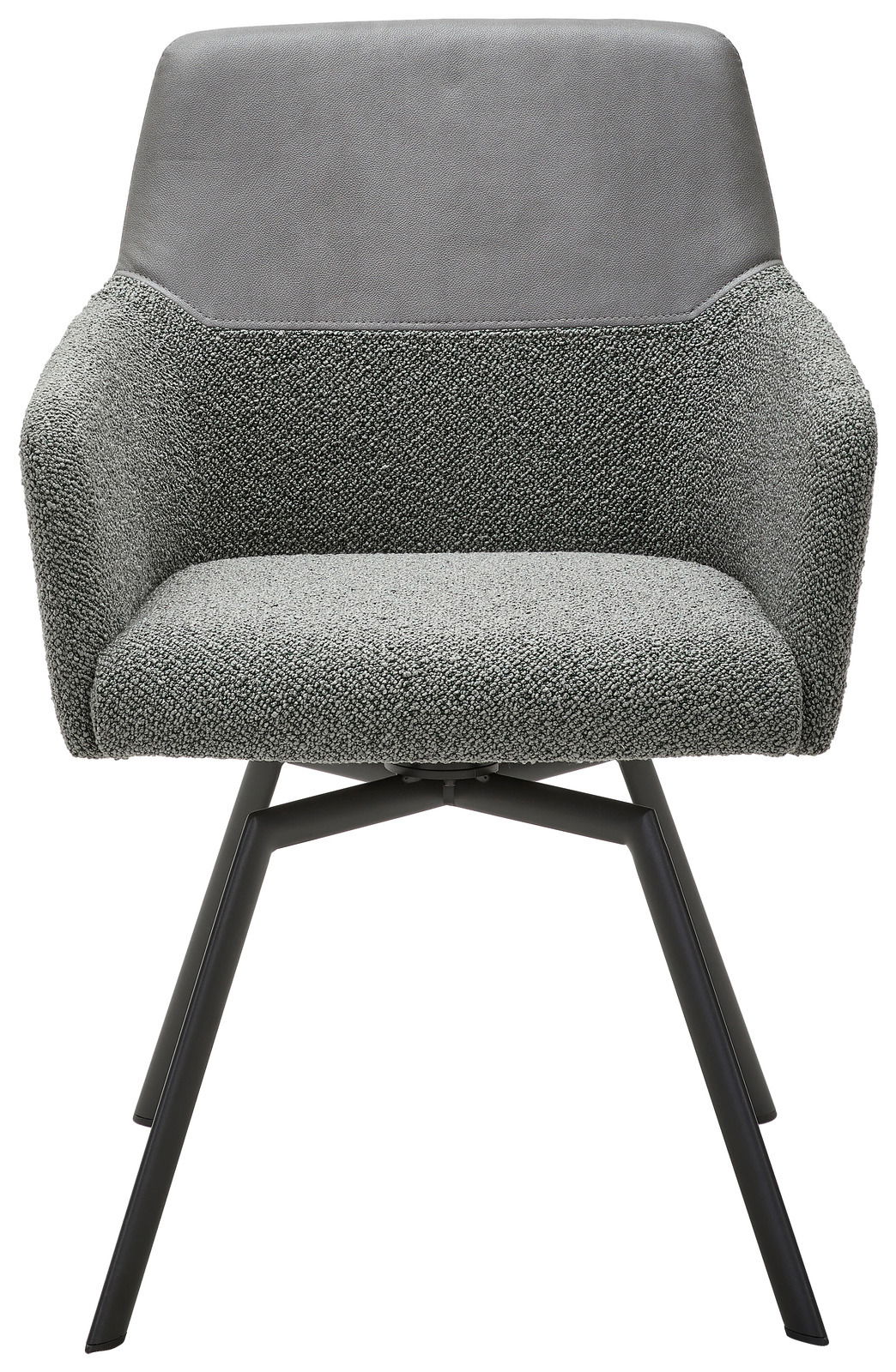 Moderner grauer Sessel mit gepolstertem Sitz und Rückenlehne, aus der Frontalperspektive.