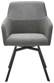 Moderner grauer Sessel mit gepolstertem Sitz und Rückenlehne, aus der Frontalperspektive.