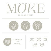 MÖVE Logo mit Nachhaltigkeit, Made in Germany und soziale Verantwortung Symbolen, OEKO-TEX Standard 100 Zertifizierung, Pflegehinweise, Draufsicht