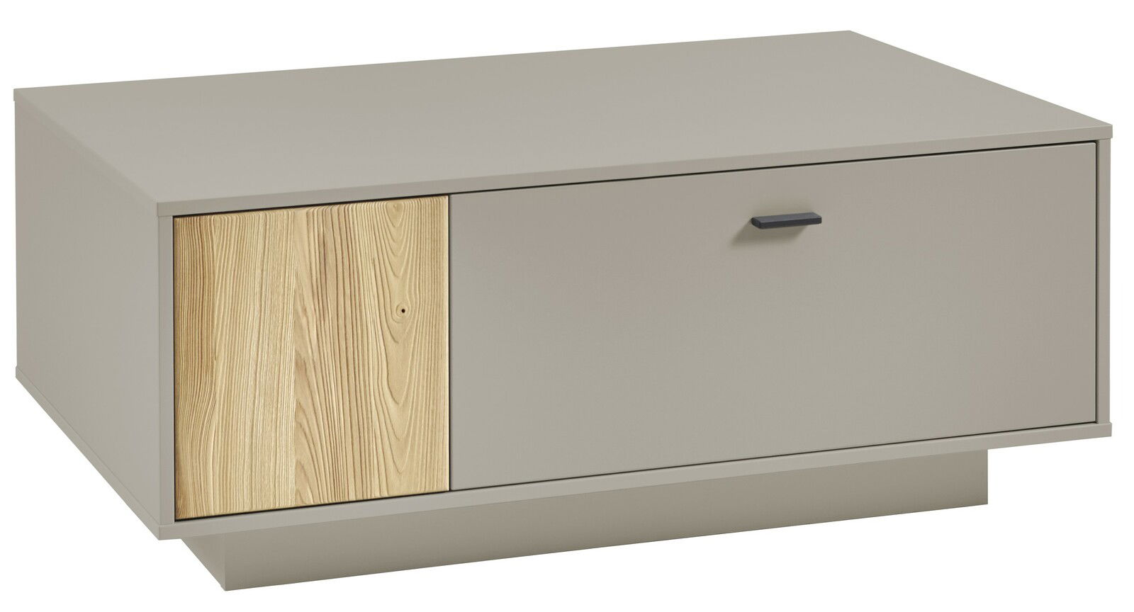 Moderner Couchtisch in Beige mit Holzdetails und Schublade, seitliche Perspektive