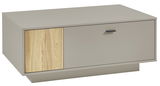 Moderner Couchtisch in Beige mit Holzdetails und Schublade, seitliche Perspektive