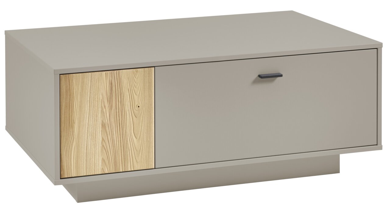 Hom´in Couchtisch Glasgow Moderner Couchtisch in Beige mit Holzdetails und Schublade, seitliche Perspektive