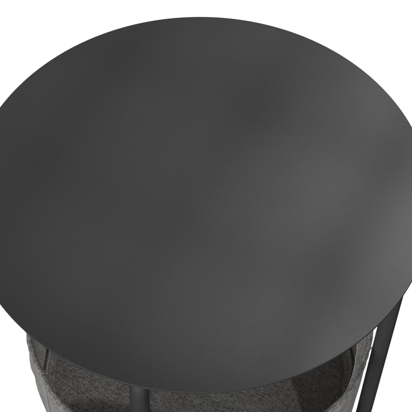 Runder Beistelltisch aus der Vogelperspektive mit schwarzer Tischplatte und grauem Gestell.