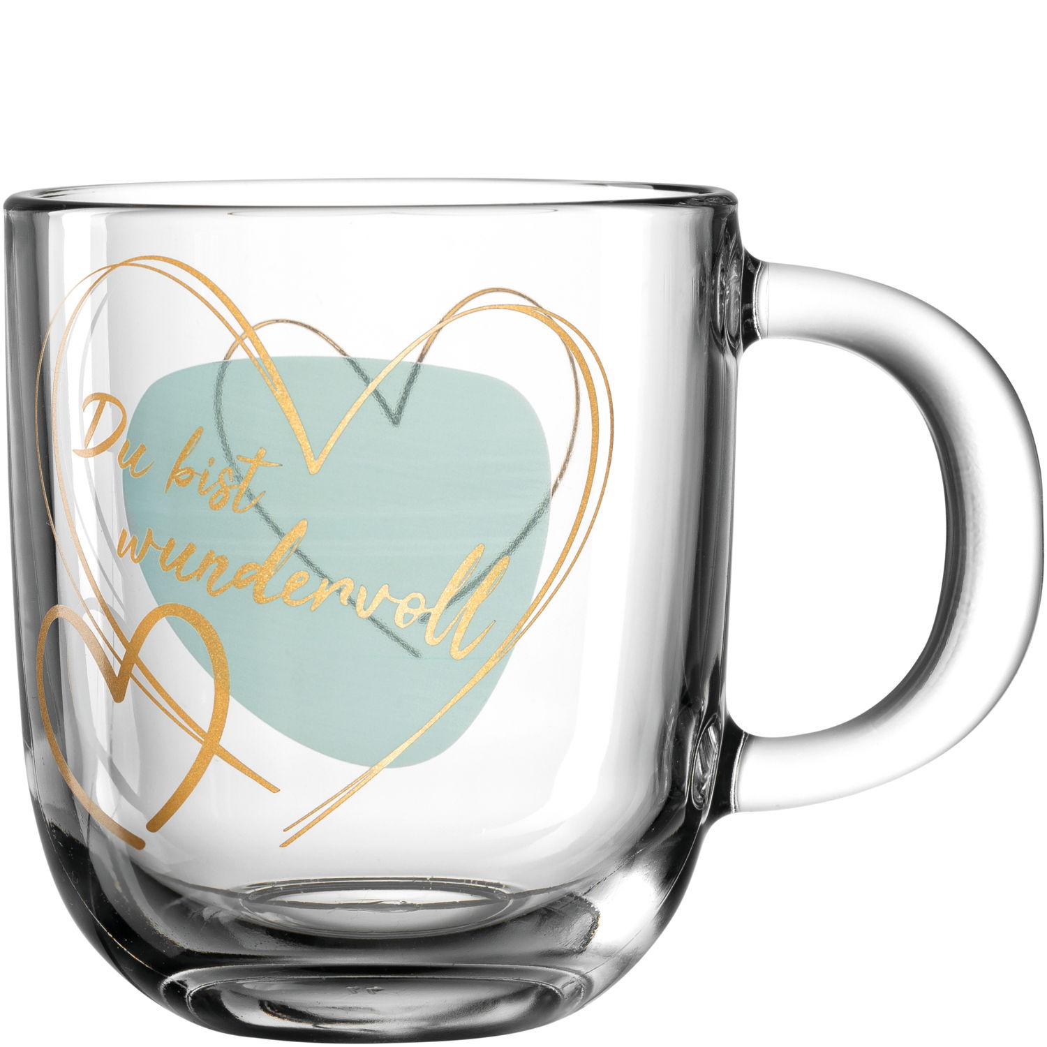 Glas-Tasse mit der Aufschrift 'Du bist wundervoll' in goldener Schrift und Herzmotiven, seitliche Perspektive
