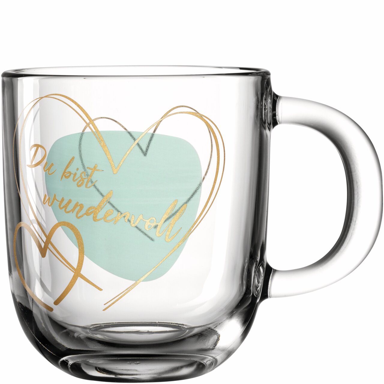 Glas-Tasse mit der Aufschrift 'Du bist wundervoll' in goldener Schrift und Herzmotiven, seitliche Perspektive