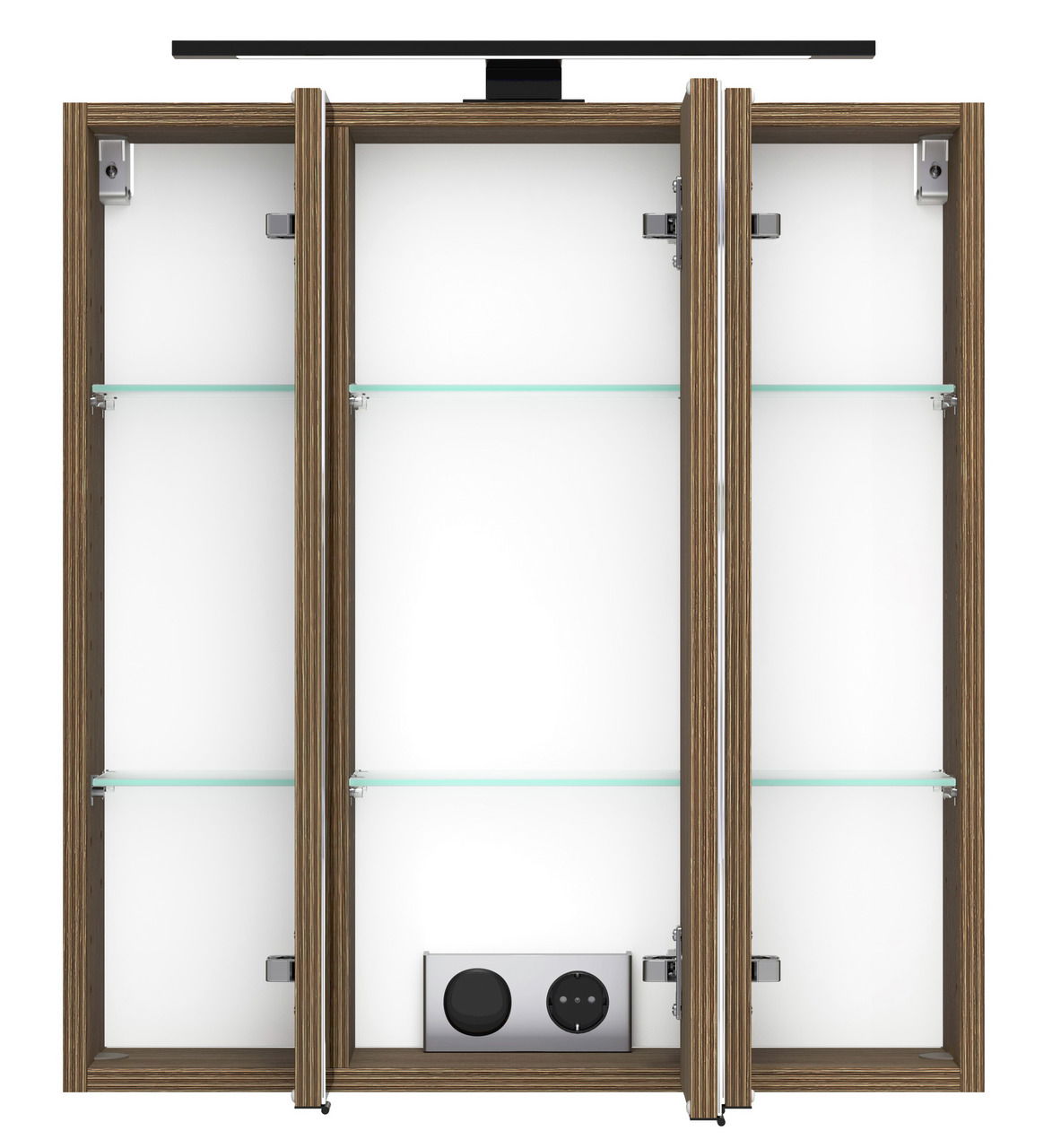 Spiegelschrank 60 cm mit drei Türen, Holzrahmen und Glasböden, Frontansicht
