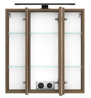 Spiegelschrank 60 cm mit drei Türen, Holzrahmen und Glasböden, Frontansicht