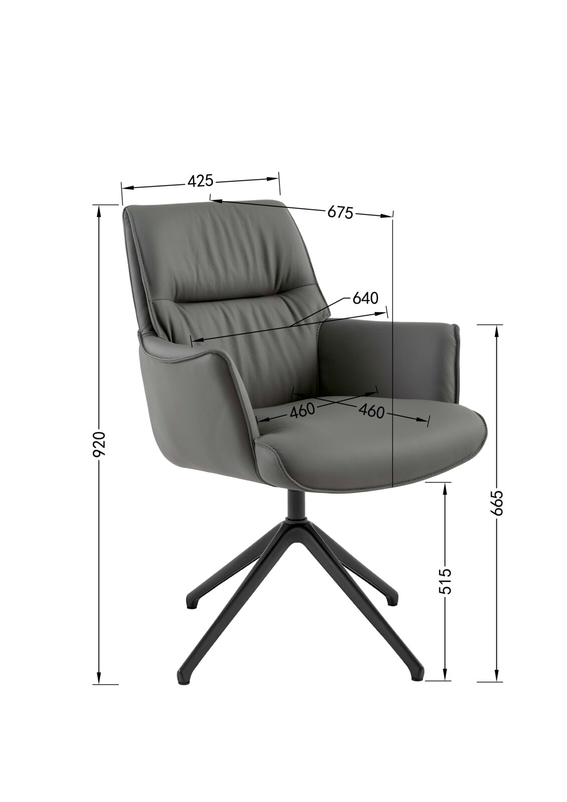 Grauer Armlehnstuhl mit gepolstertem Sitz und Rückenlehne, seitliche Perspektive, auf einem schwarzen Drehgestell.