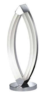 Moderne Tischleuchte mit geschwungenem, ovalem Design und metallischer Basis, seitliche Perspektive.