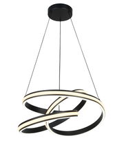 Moderne LED-Hängeleuchte mit schwarzem Baldachin und ineinander verschlungenen, leuchtenden Ringen, seitliche Perspektive