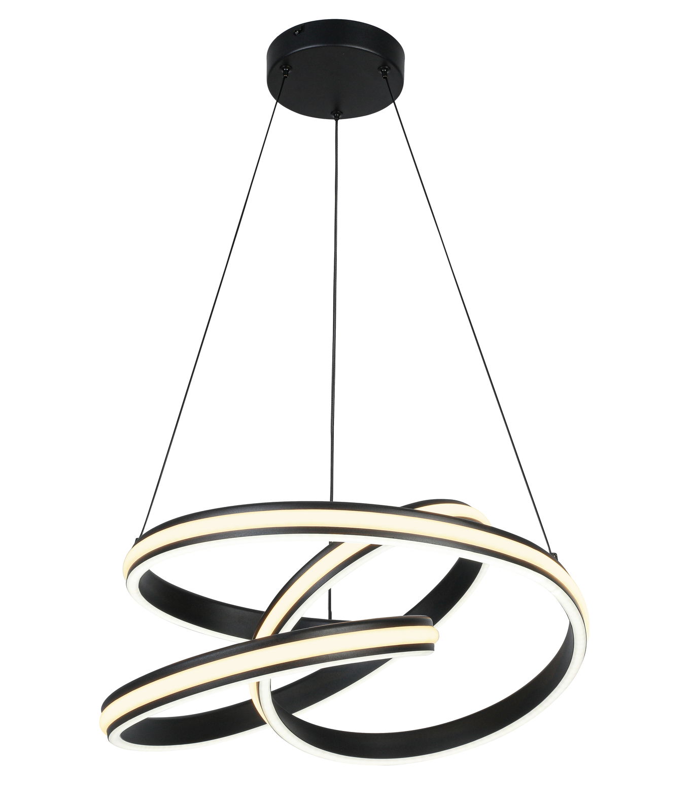 Moderne LED-Hängeleuchte mit schwarzem Baldachin und ineinander verschlungenen, leuchtenden Ringen, seitliche Perspektive