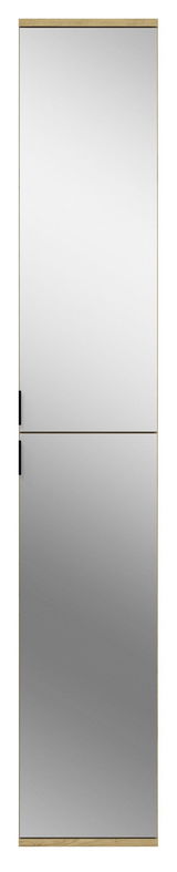 Spiegelschrank mit zwei Türen, Holzrahmen und schwarzem Griff, Frontalansicht