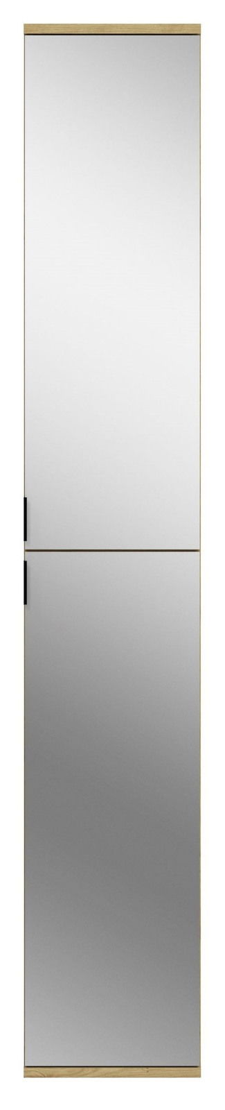 Spiegelschrank mit zwei Türen, Holzrahmen und schwarzem Griff, Frontalansicht