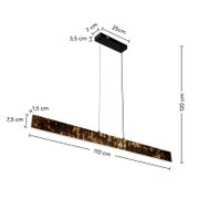 LED-hanglamp in rechthoekige vorm, zijaanzicht, met afmetingen: 110 cm lang, 7,5 cm breed, 1,5 cm hoog, en een maximale ophanghoogte van 120 cm.