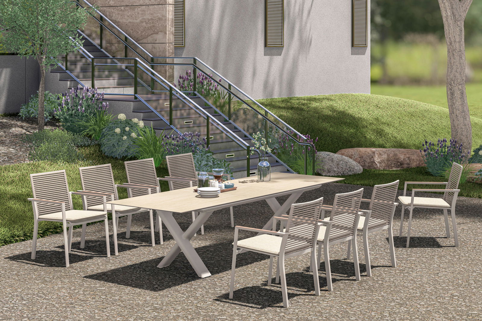 Zebra Garten Ausziehtisch LEVARE Moderner Garten Ausziehtisch mit acht Stapelsesseln in einem eleganten Außenbereich, seitliche Perspektive