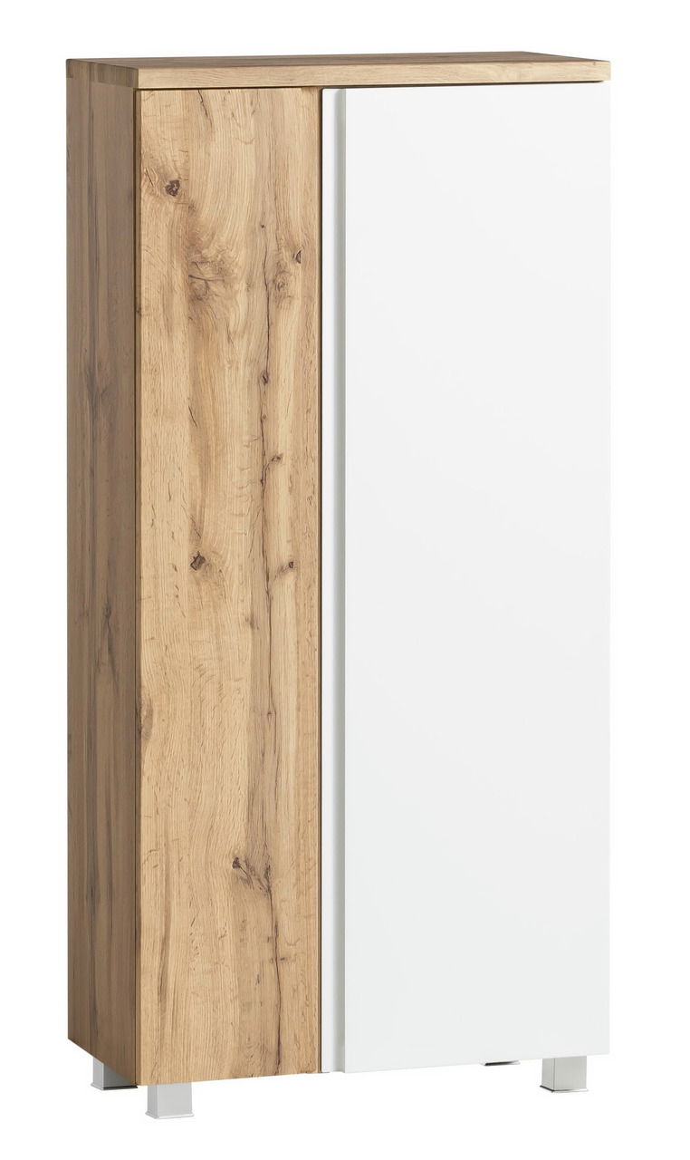 Moderner Midischrank mit Holzoptik und weißer Tür, seitliche Perspektive