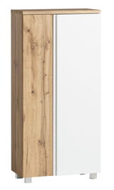 Moderner Midischrank mit Holzoptik und weißer Tür, seitliche Perspektive