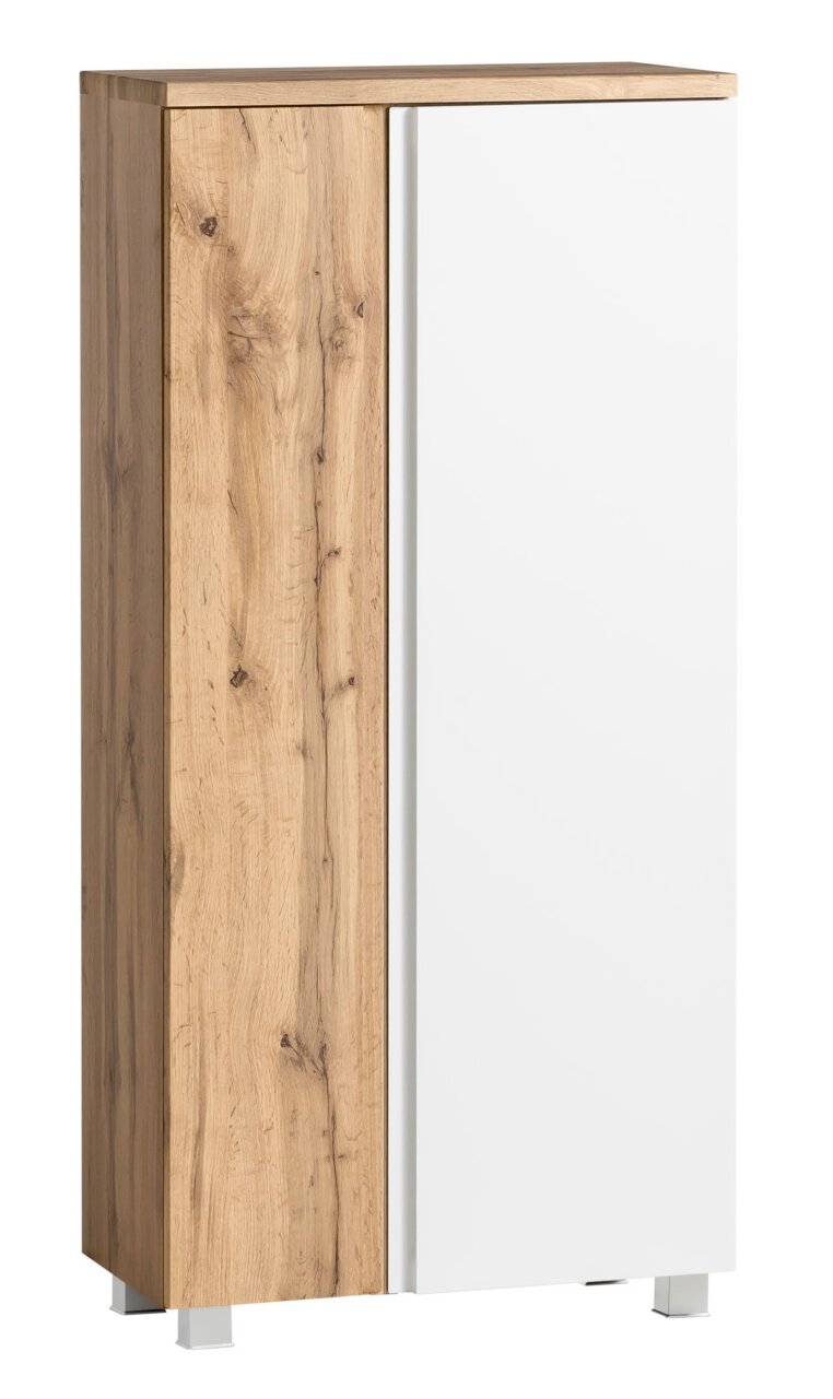 Moderner Midischrank mit Holzoptik und weißer Tür, seitliche Perspektive