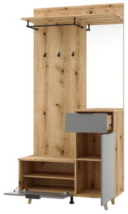 Kompaktgarderobe aus Holz mit Spiegel, Kleiderstange, Haken und Stauraum, seitliche Perspektive