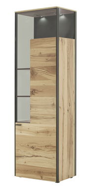 Moderne Vitrine aus Holz mit Glasfront, seitlicher Perspektive