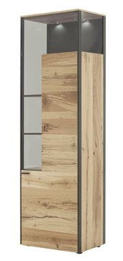Moderne Vitrine aus Holz mit Glasfront, seitlicher Perspektive