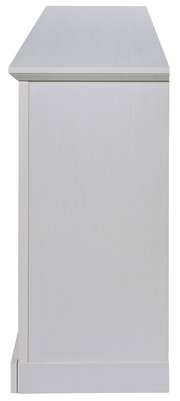 Seitenansicht eines weißen Sideboards mit klaren Linien und glatter Oberfläche.