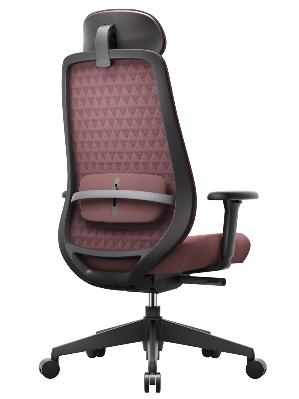 Rückansicht eines modernen Drehstuhls mit ergonomischer Rückenlehne und Kopfstütze in einem geometrischen Muster.