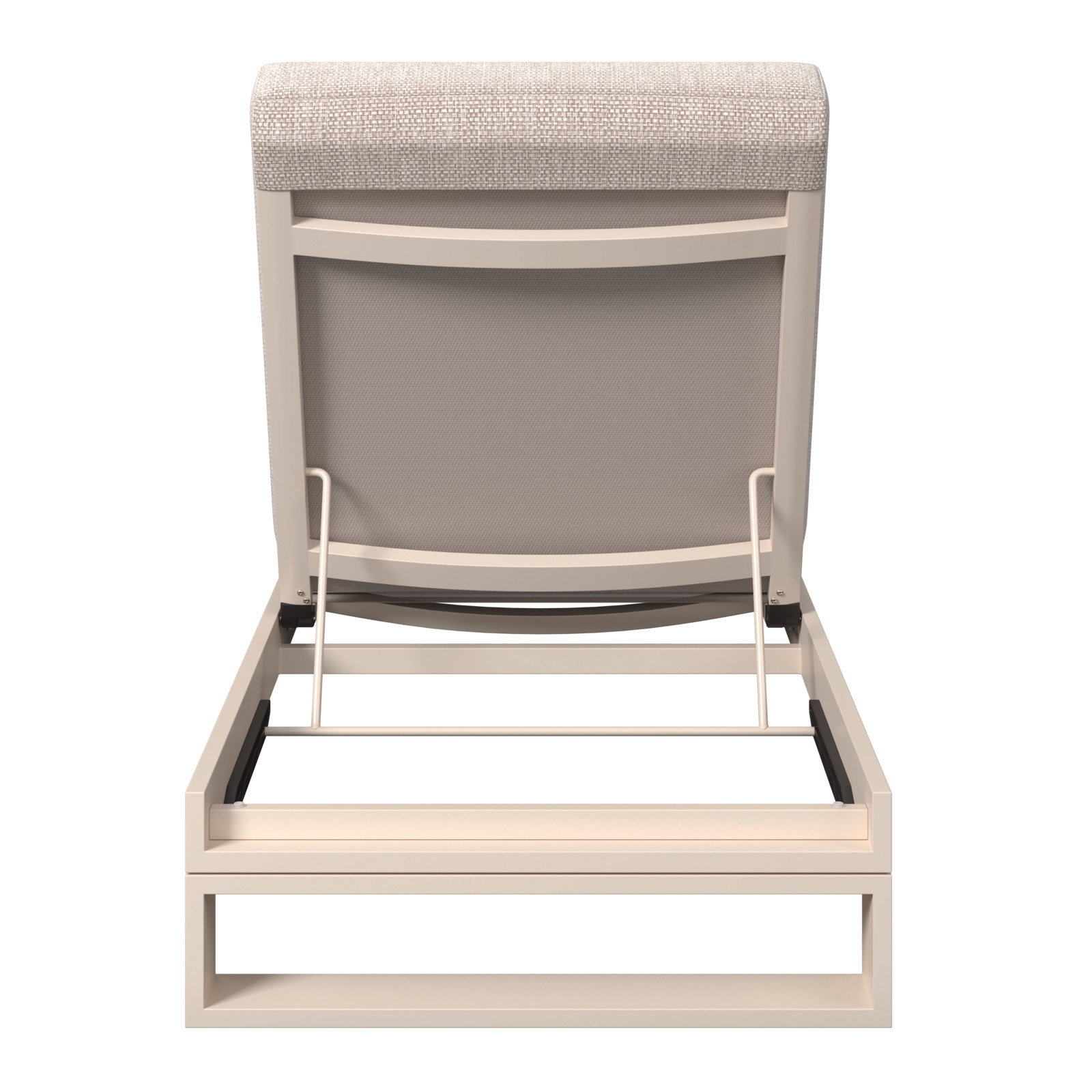 Rückansicht einer Sonnenliege mit beigem Rahmen und gepolsterter Rückenlehne.
