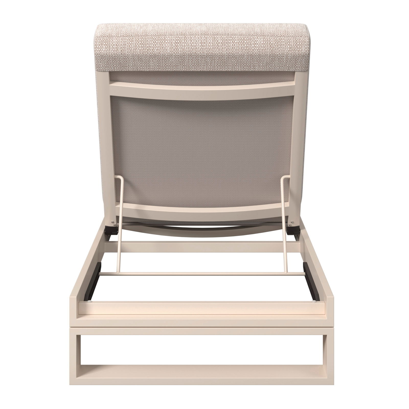 Rückansicht einer Sonnenliege mit beigem Rahmen und gepolsterter Rückenlehne.