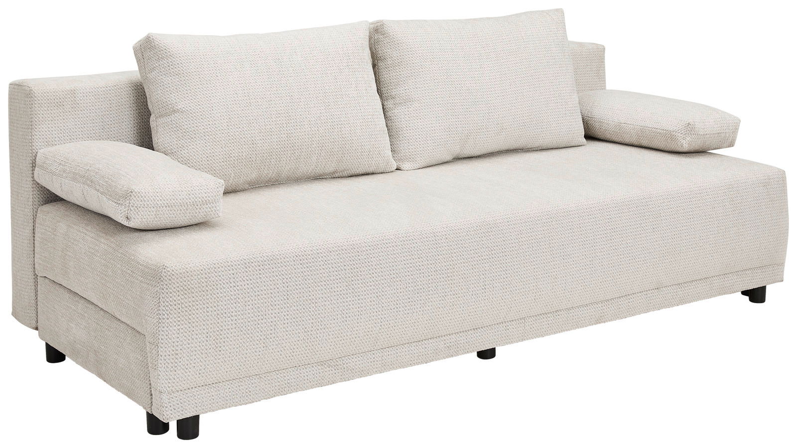 Beiges Funktionssofa mit zwei Rückenkissen und Armlehnen, seitliche Perspektive