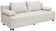 Beige functionele bank met twee rugkussens en armleuningen, zijaanzicht