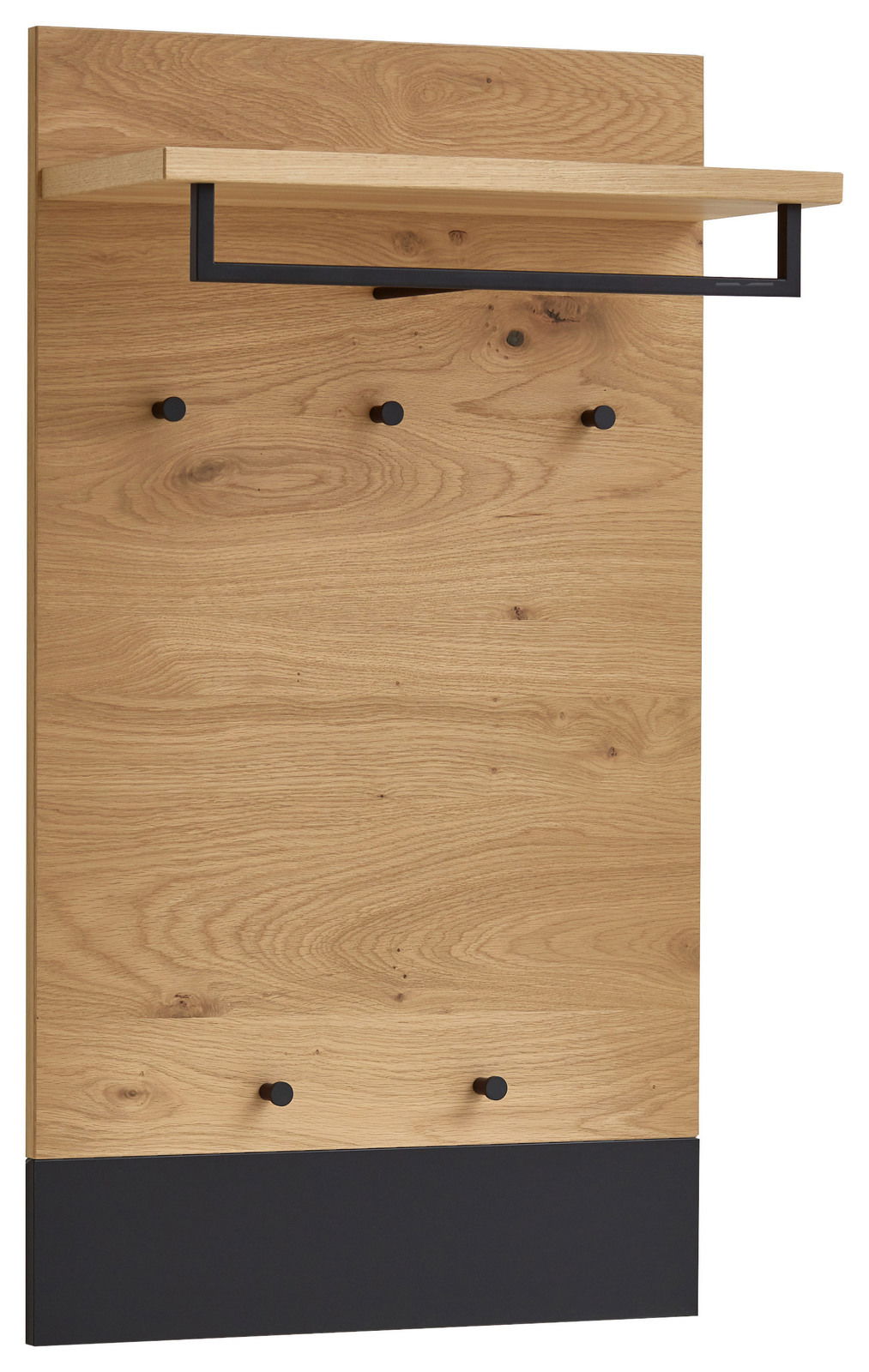 Garderobenpaneel aus Holz mit schwarzem Metallrahmen, fünf Haken und einem Regalbrett, seitliche Perspektive