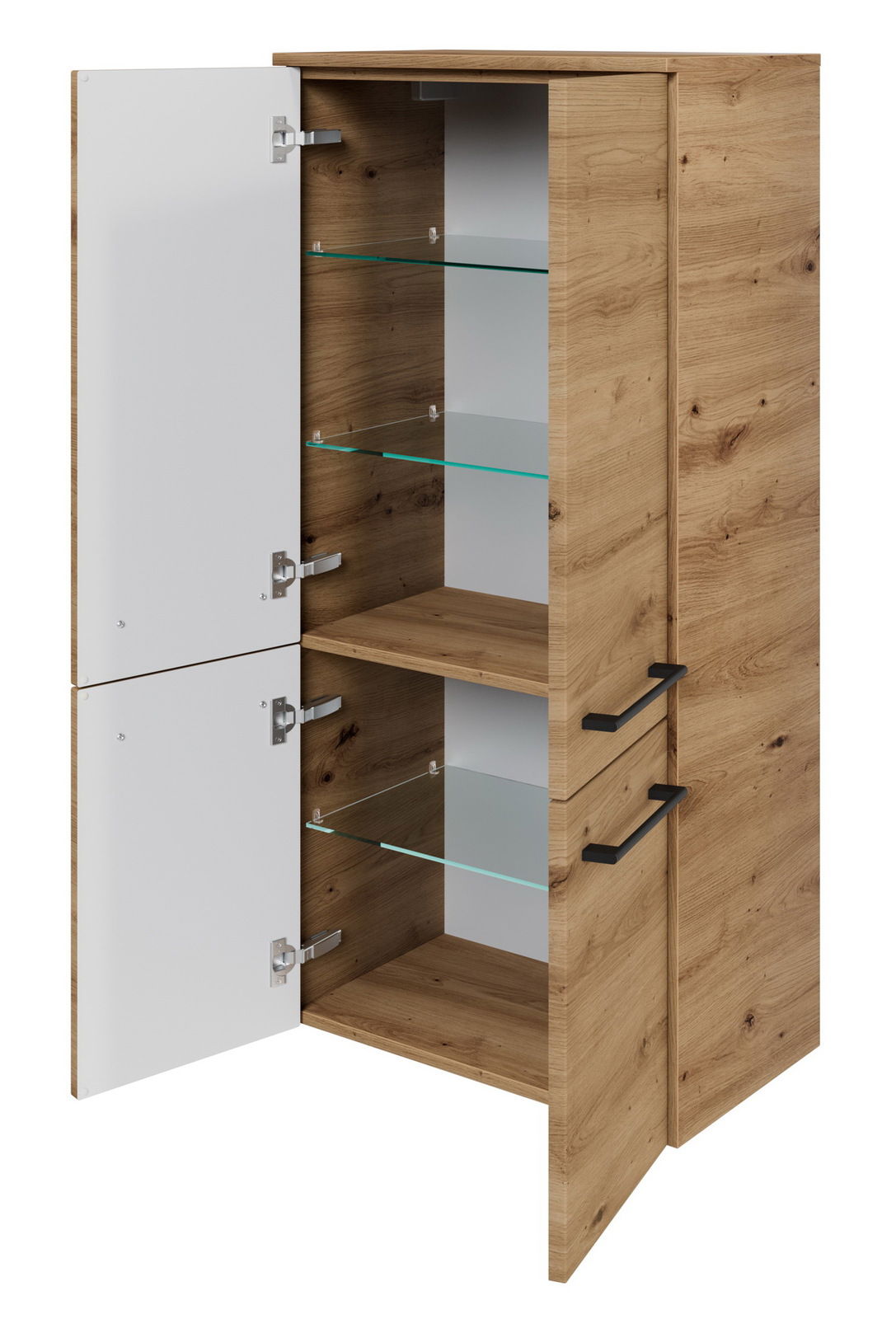 Geöffneter Midischrank aus Holz mit zwei Türen und Glaseinlegeböden, Perspektive von vorne rechts