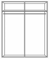 Frontansicht eines zweigeteilten Drehtürenschranks mit zwei Kleiderstangen und zwei oberen Ablagefächern.