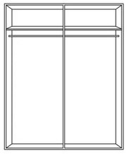 Frontansicht eines zweigeteilten Drehtürenschranks mit zwei Kleiderstangen und zwei oberen Ablagefächern.