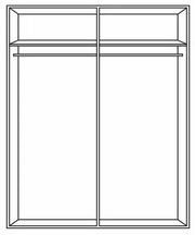 Frontansicht eines zweigeteilten Drehtürenschranks mit zwei Kleiderstangen und zwei oberen Ablagefächern.