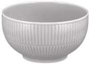 Weiße Müslischale mit geriffeltem Design, seitliche Perspektive
