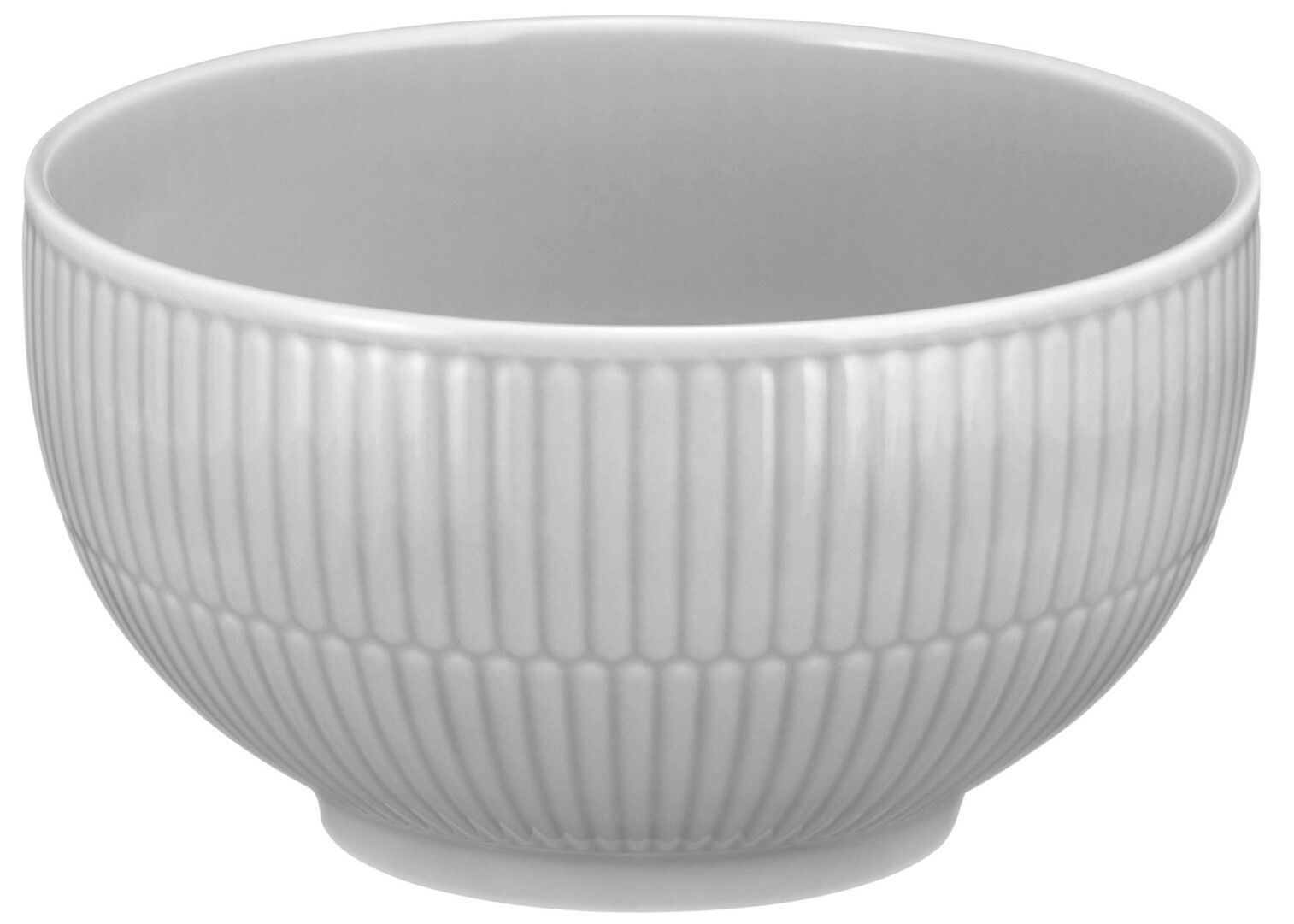 Weiße Müslischale mit geriffeltem Design, seitliche Perspektive