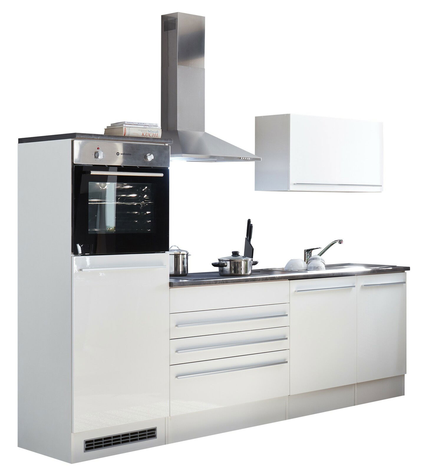 Yourkitchen Küchenblock 260 JAZZ Moderner Küchenblock in Weiß mit integriertem Backofen, Dunstabzugshaube und Spüle, seitliche Perspektive