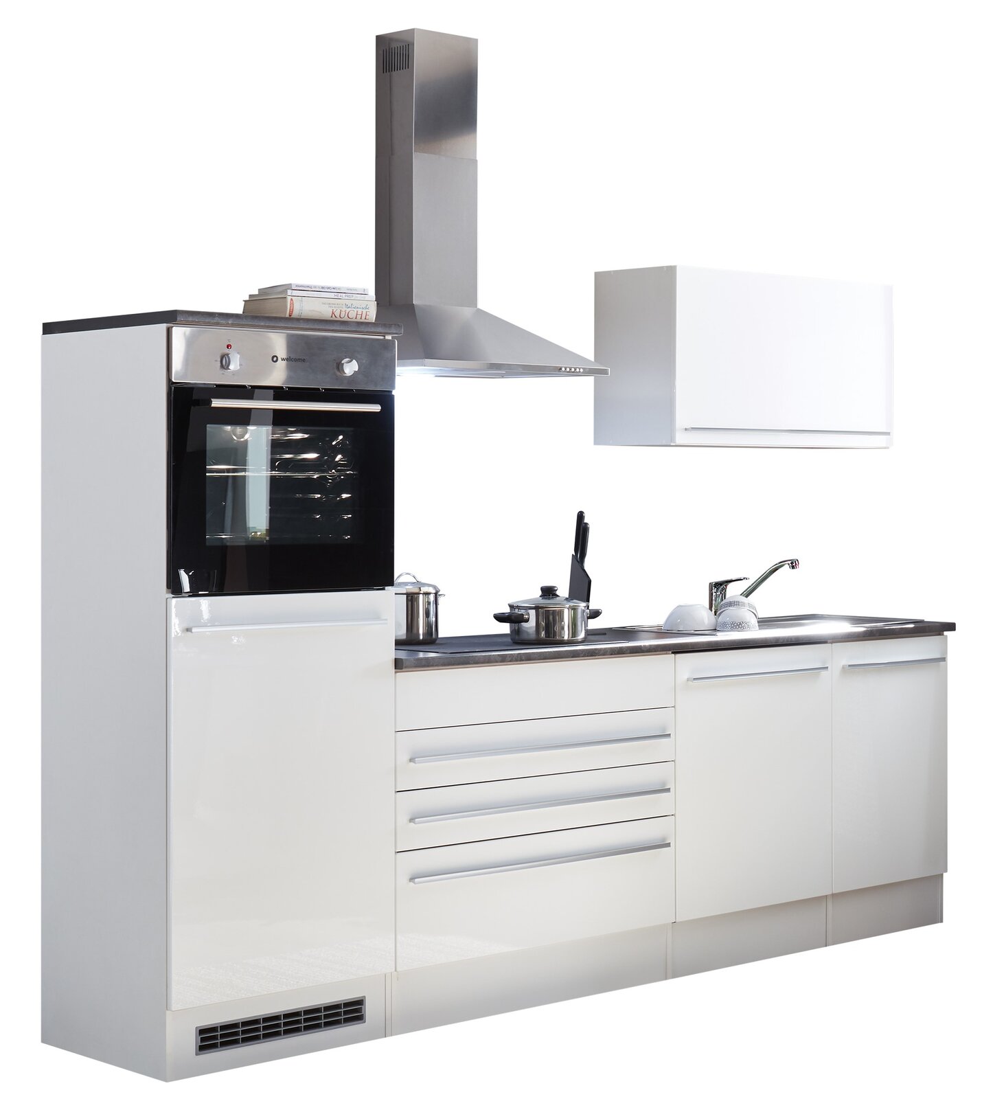 Yourkitchen Küchenblock 260 JAZZ Moderner Küchenblock in Weiß mit integriertem Backofen, Dunstabzugshaube und Spüle, seitliche Perspektive