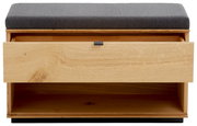 Garderobenbank aus Holz mit grauem Polster, Schublade geöffnet, Frontansicht