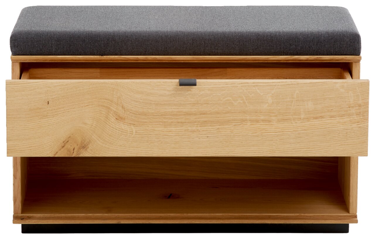Garderobenbank aus Holz mit grauem Polster, Schublade geöffnet, Frontansicht