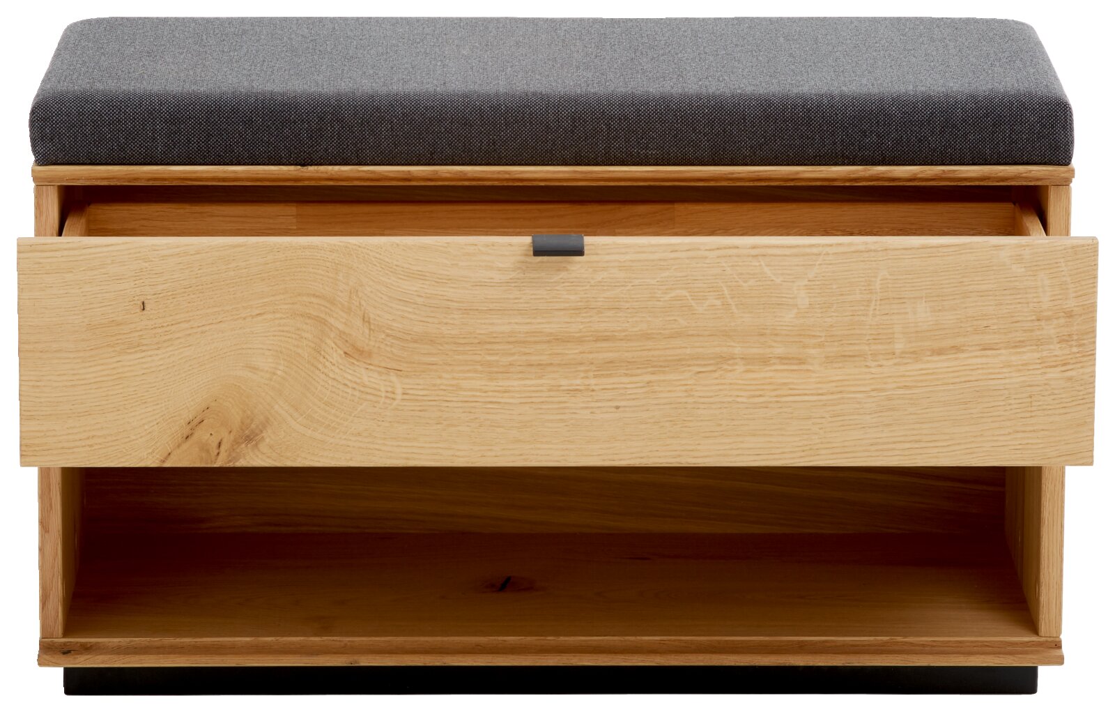 Garderobenbank aus Holz mit grauem Polster, Schublade geöffnet, Frontansicht